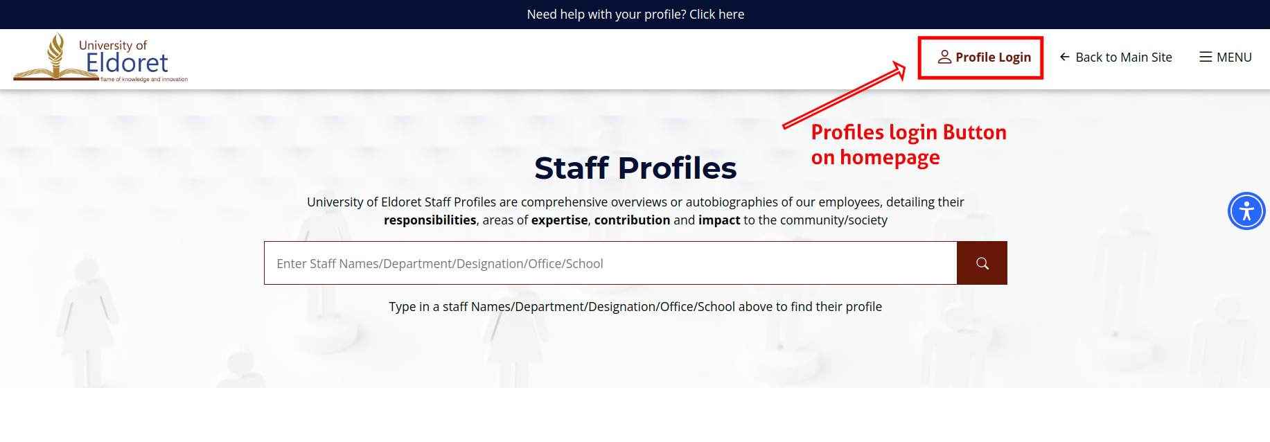 screenshot showing the homepage with the "Profile Login" button highlighted at the top right