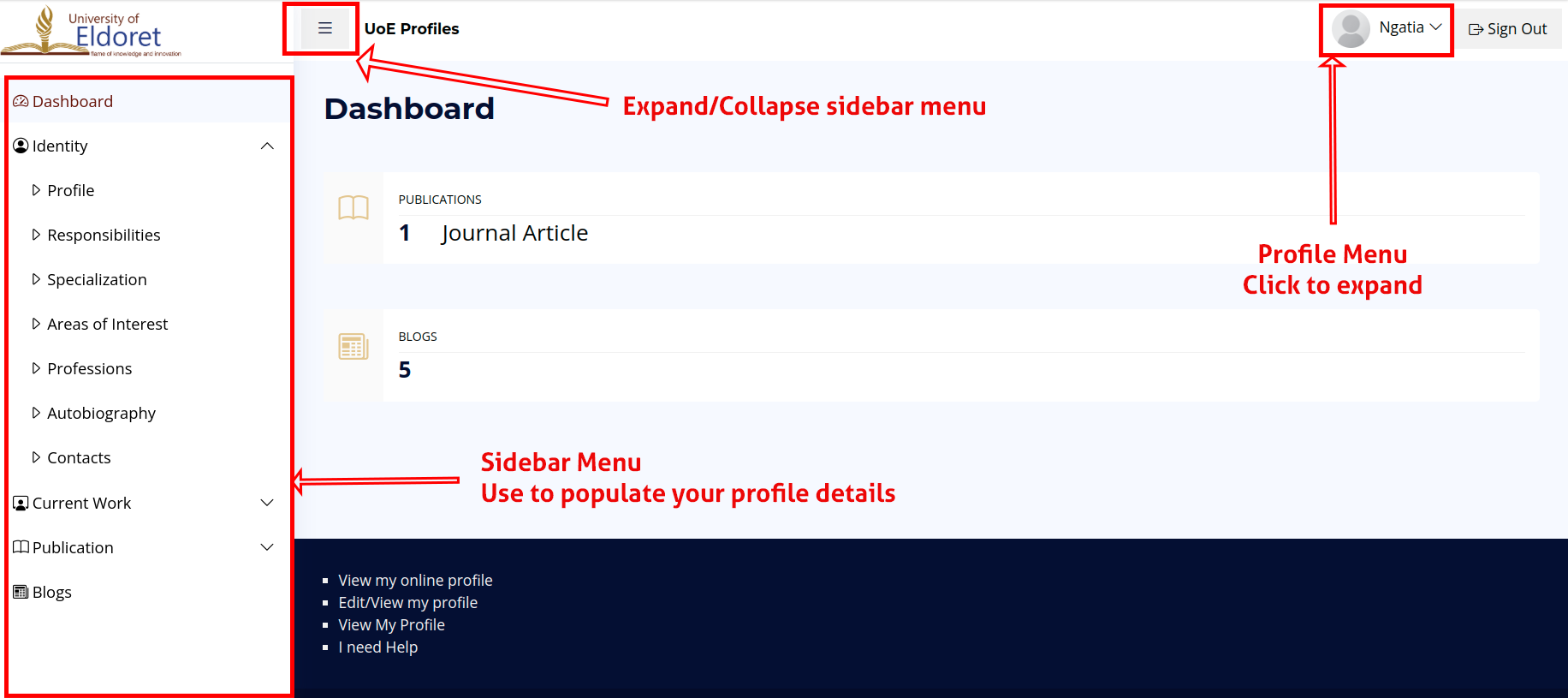 screenshot showing the staff profile dashboard once logged in, highlighting key sections like "Edit Profile" and others